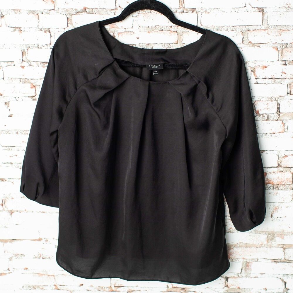 Talbots Petites 10P Black Satin Blouse Pleated 3/4 Sleeve Career Dressy Top